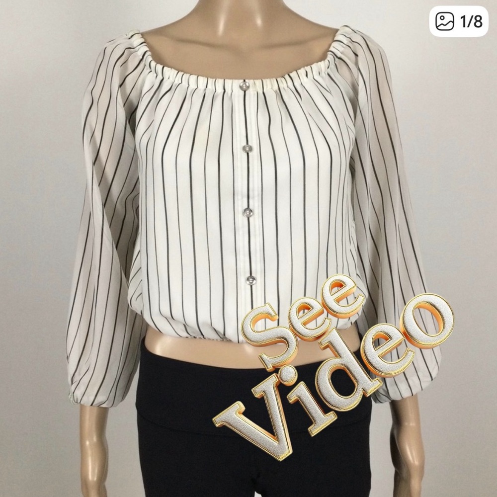 👛2/$20 GUESS Collarless Pull On Lined Body Crop Blouse Elasticized Neck, Sleeve…